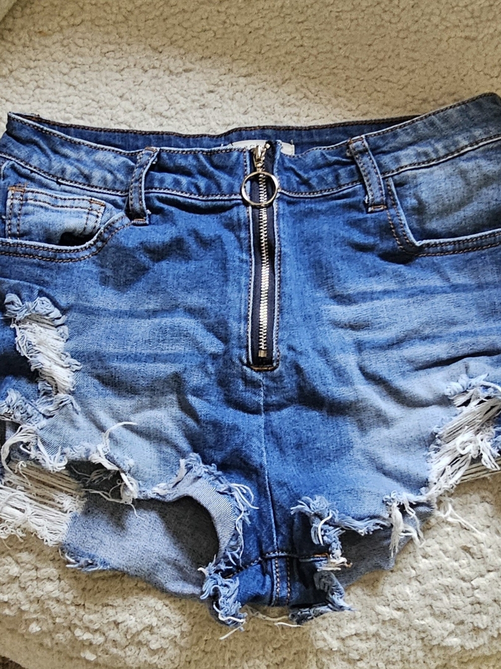 Machine Blue Distressed Jean Shorts with Front Ring Zip